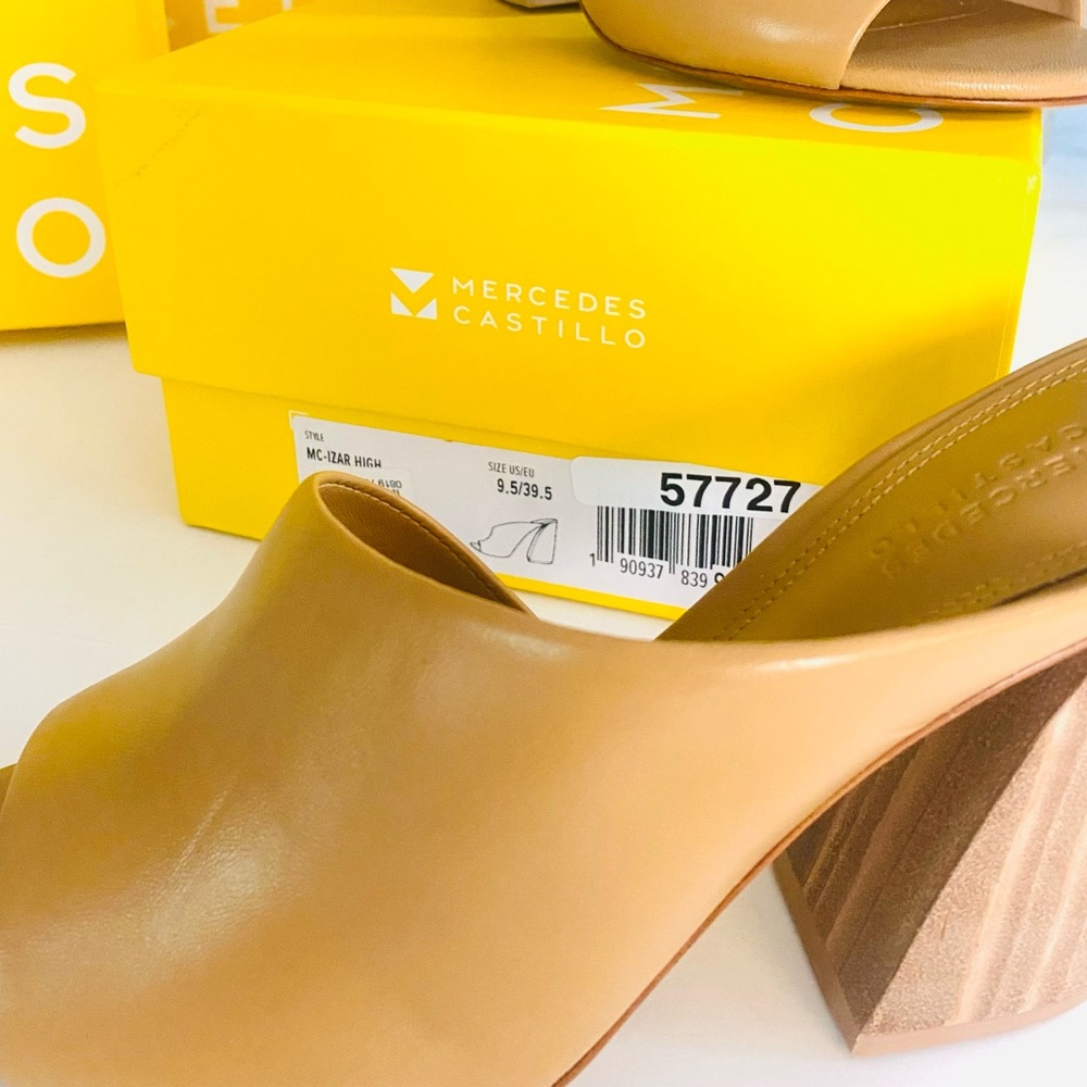 NWT - Mercedes Castillo Izar - Leather Mules in Light Tan Leather & Wooden Heel - Picture 14 of 16